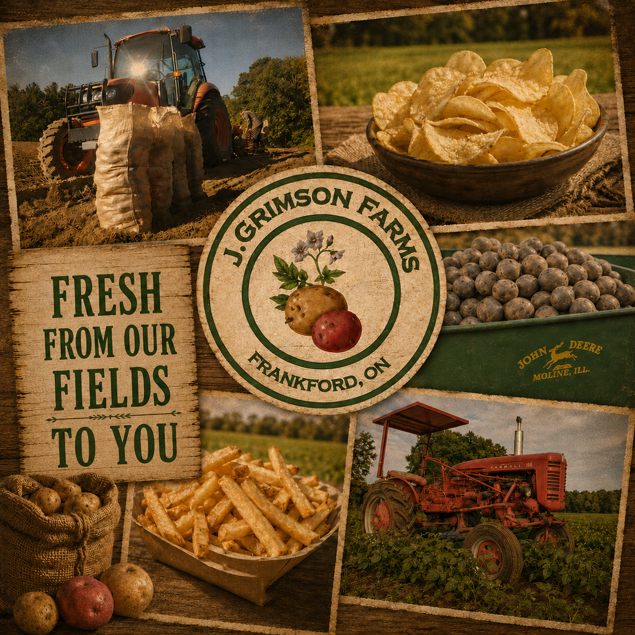 J Grimson Farms Open Event image showcasing potatoes, tractor, fries etc.
