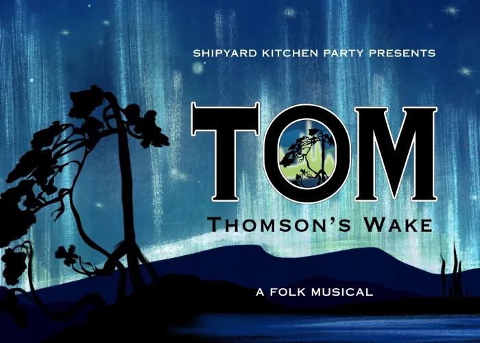 Tom Thomson style painting background trees and night sky, name of musical
