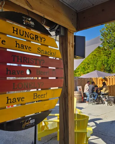 Gold Rush brewing sign on patio